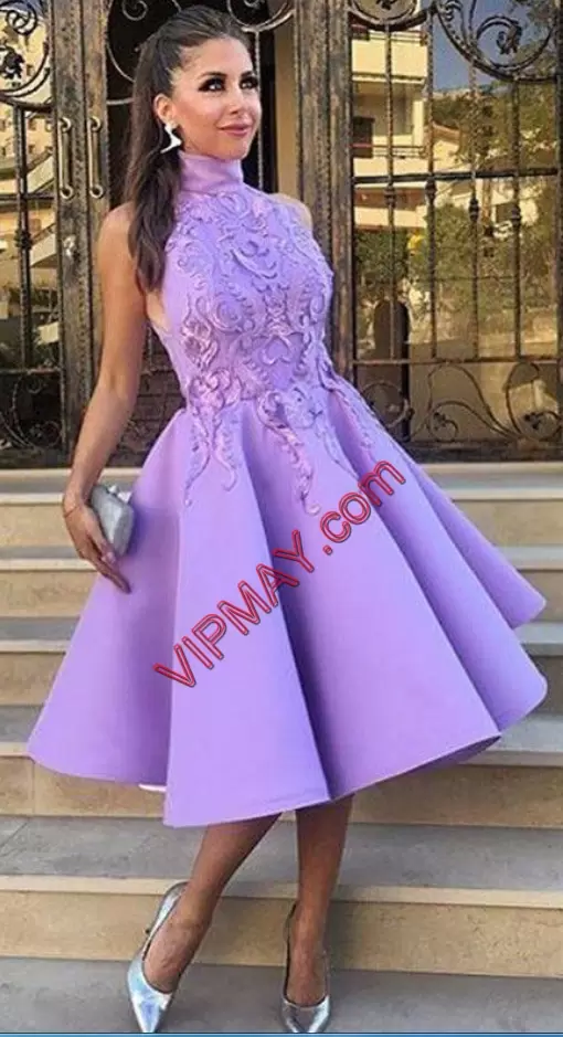 High-neck Sleeveless Dress for Prom Tea Length Appliques Purple Satin