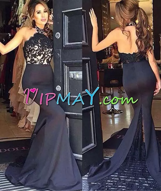 Trendy Black Mermaid Lace and Appliques Homecoming Gowns Chiffon Sleeveless