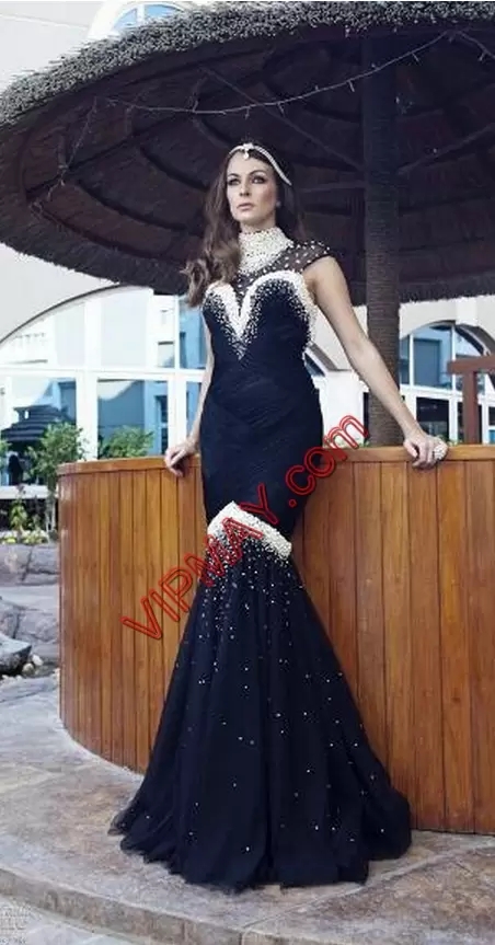 Edgy Black High-neck Side Zipper Beading Prom Dress Brush Train Sleeveless