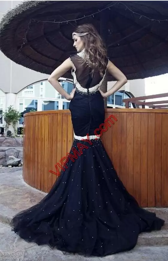 Edgy Black High-neck Side Zipper Beading Prom Dress Brush Train Sleeveless