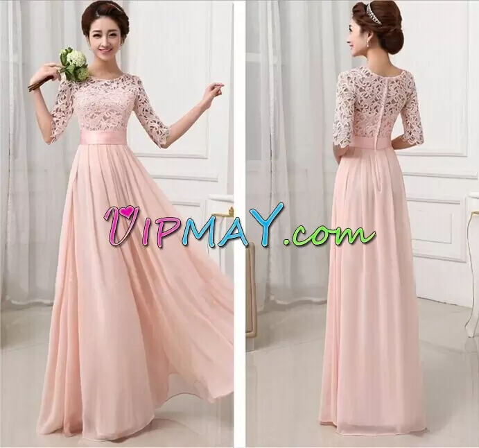 New Style Half Sleeves Floor Length Lace and Belt Zipper Evening Dress with Pink