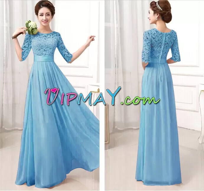 New Style Half Sleeves Floor Length Lace and Belt Zipper Evening Dress with Pink