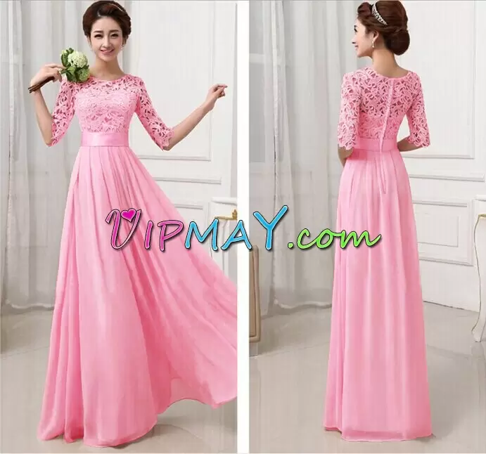 New Style Half Sleeves Floor Length Lace and Belt Zipper Evening Dress with Pink