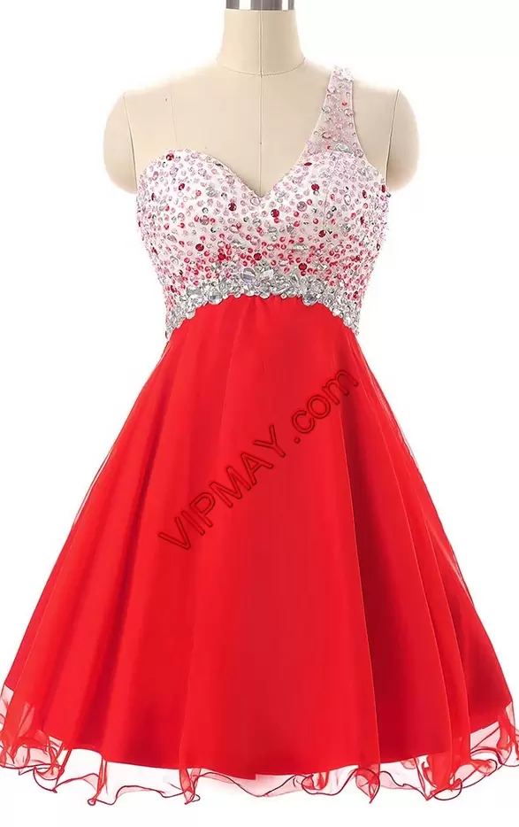 Red One Shoulder Neckline Beading Dress for Prom Sleeveless Backless