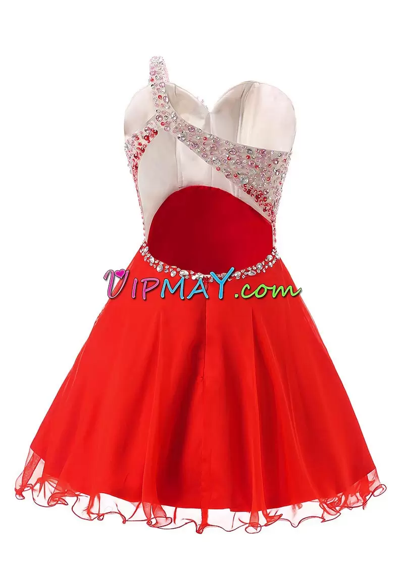 Red One Shoulder Neckline Beading Dress for Prom Sleeveless Backless