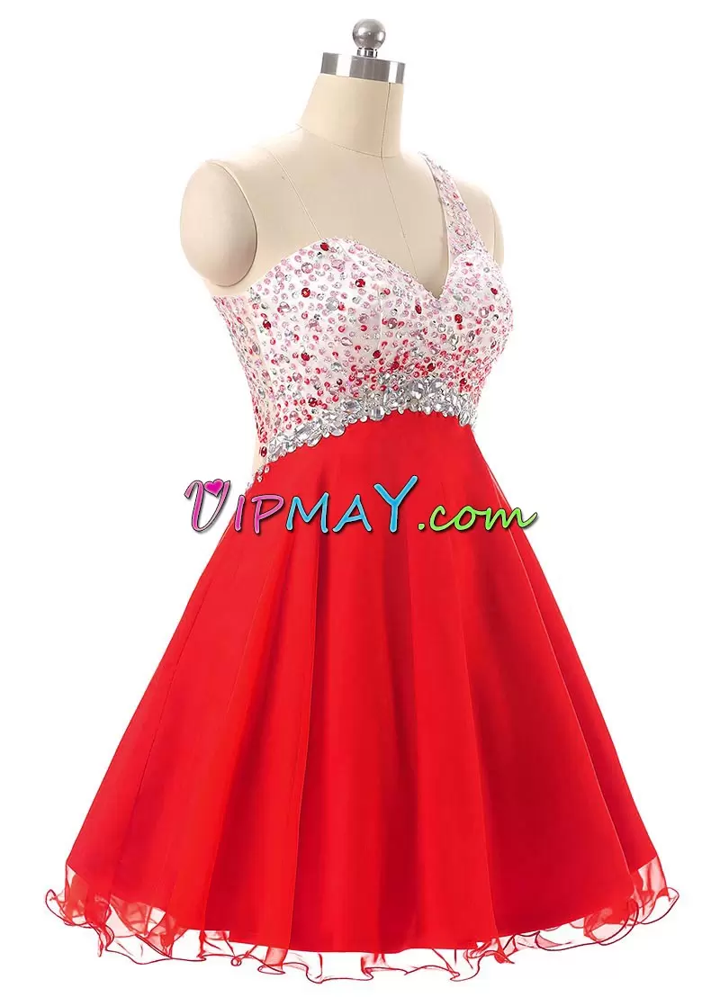 Red One Shoulder Neckline Beading Dress for Prom Sleeveless Backless