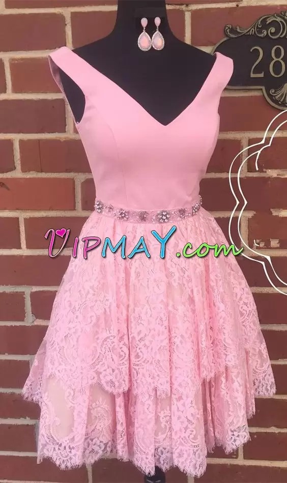 Best Selling A-line Pink V-neck Lace Sleeveless Knee Length