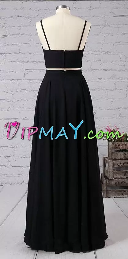 Sleeveless Chiffon Floor Length Zipper in Black with Ruching