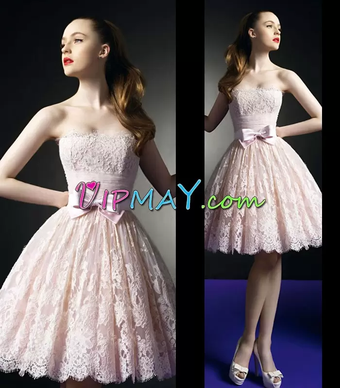 Pink Strapless Neckline Lace and Bowknot Homecoming Dress Sleeveless