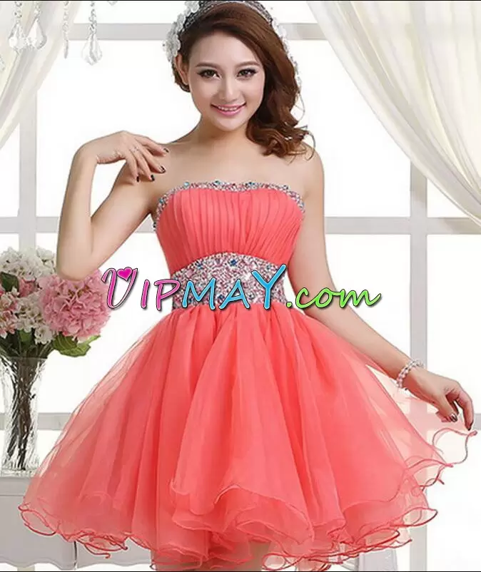 Eelegant Simple Strapless Zipper Mini Length Beaded Waist and Ruching Prom Gown Zipper Back