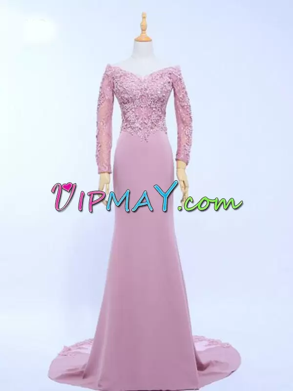 V-neck Long Sleeves Brush Train Zipper Pink Tulle Lace and Appliques