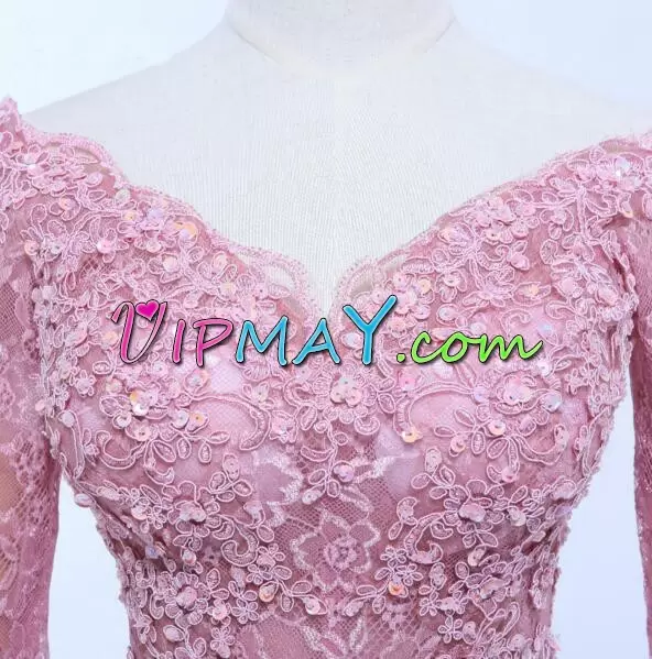 V-neck Long Sleeves Brush Train Zipper Pink Tulle Lace and Appliques