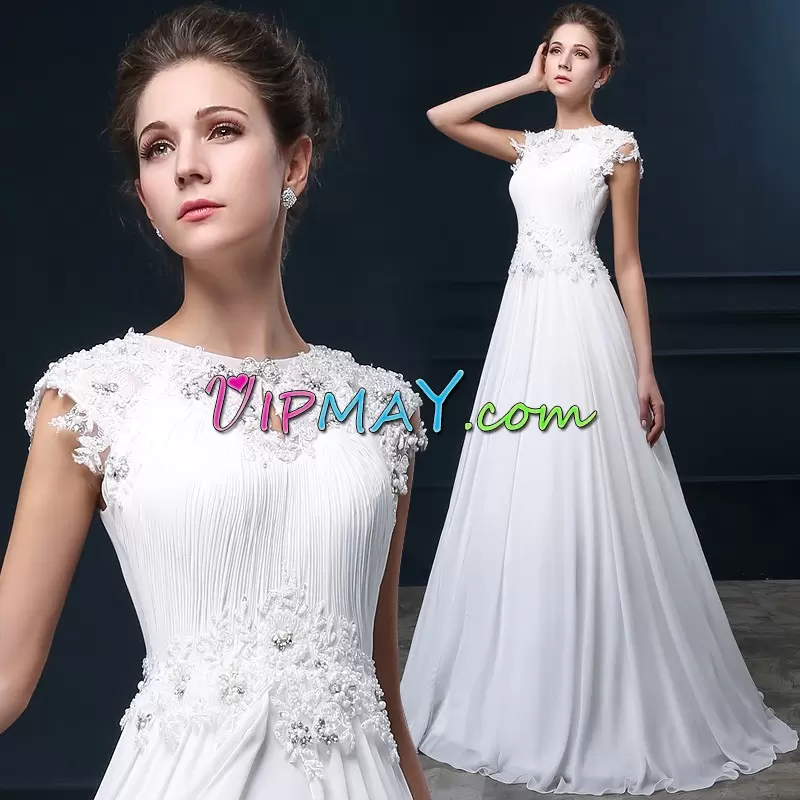 White Satin Backless Sleeveless Floor Length Sweep Train Beading and Lace