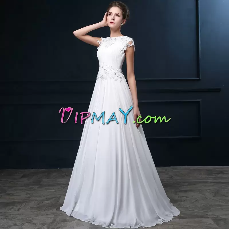 White Satin Backless Sleeveless Floor Length Sweep Train Beading and Lace