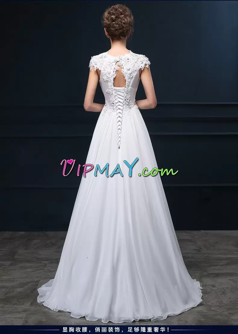 White Satin Backless Sleeveless Floor Length Sweep Train Beading and Lace