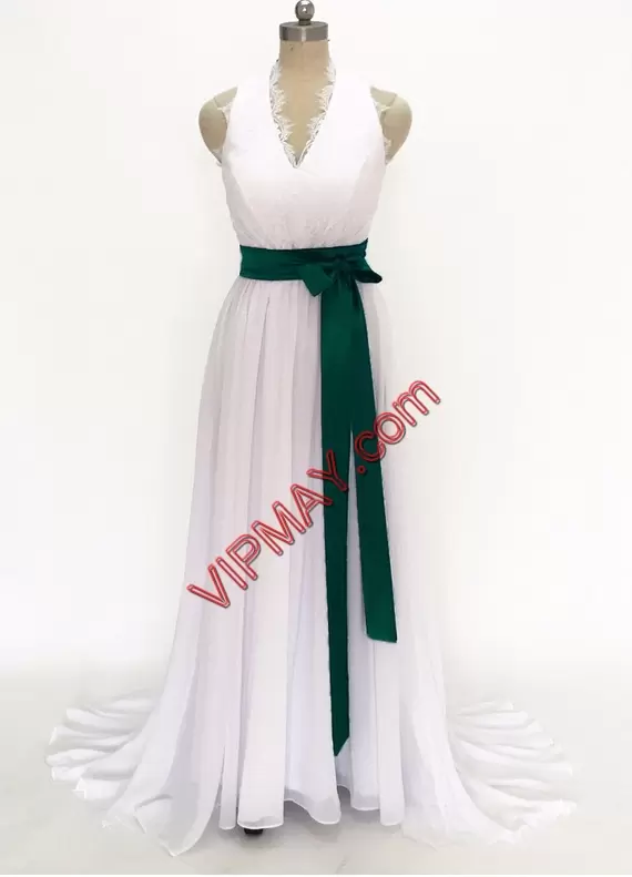 Clearance White Prom Evening Gown V-neck Sleeveless Brush Train Side Zipper