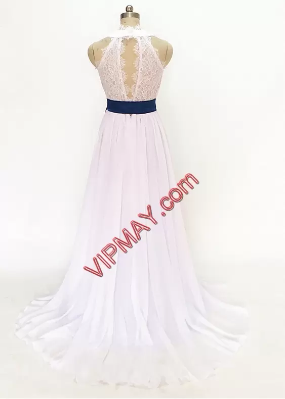 Clearance White Prom Evening Gown V-neck Sleeveless Brush Train Side Zipper