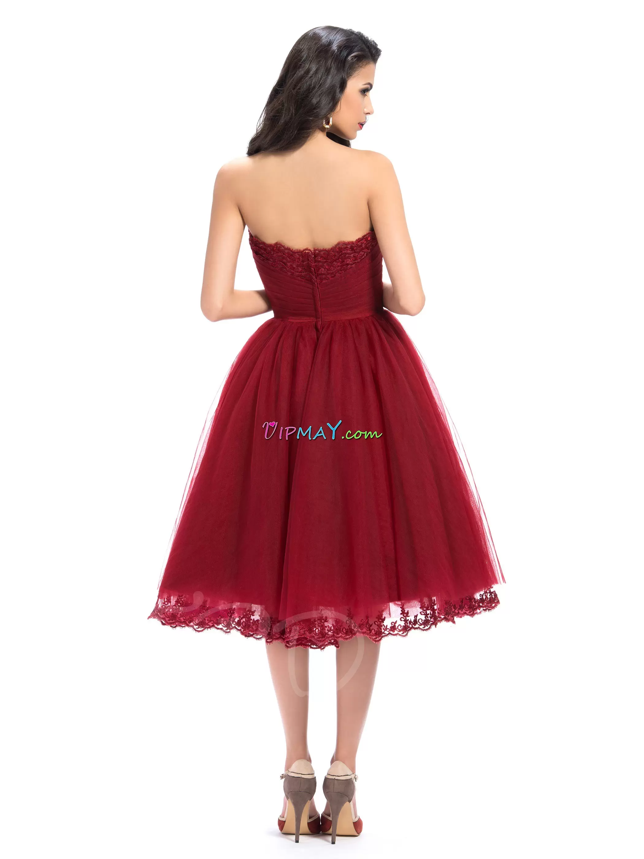 Modern Burgundy Zipper Strapless Appliques Homecoming Party Dress Tulle