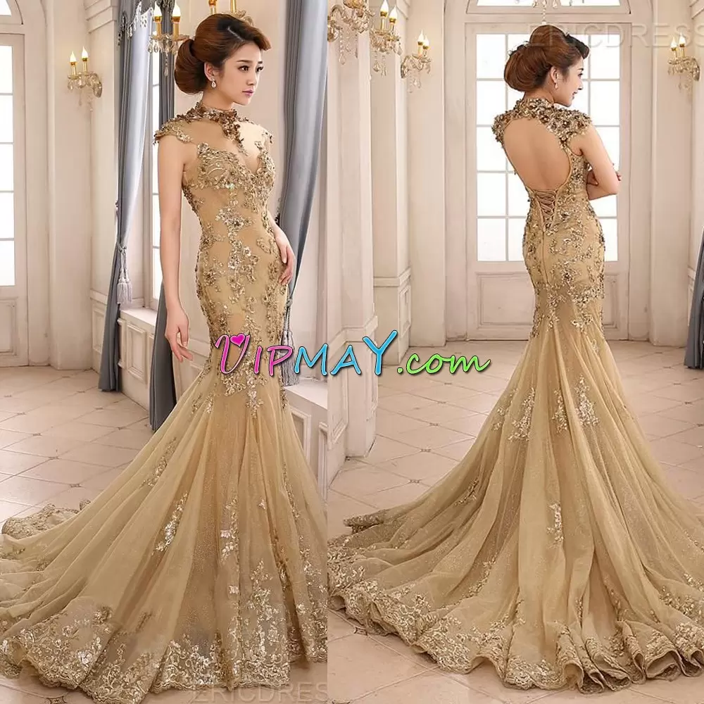 Beading and Appliques Dress for Prom Champagne Backless Sleeveless Sweep Train