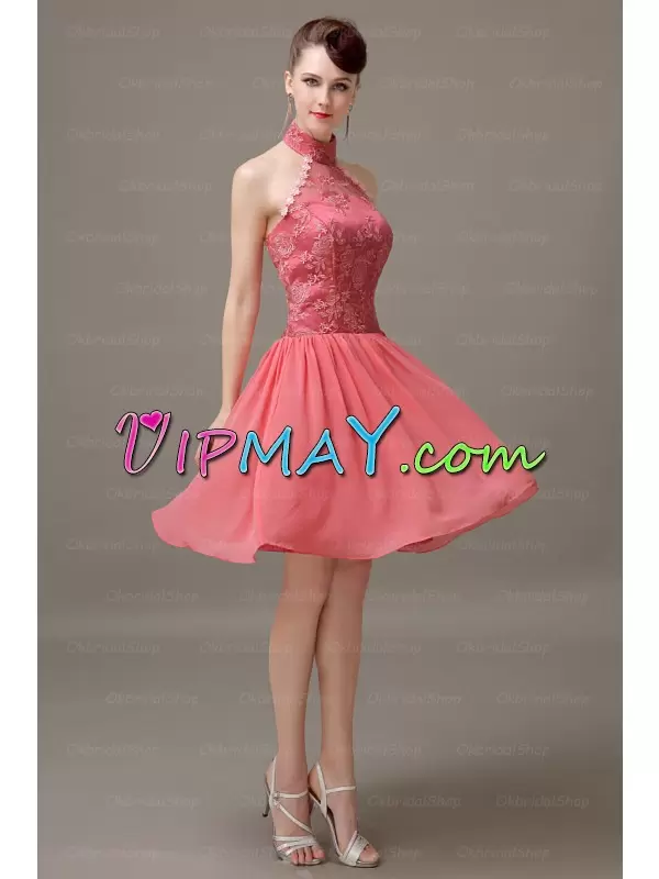 High Class Mini Length Empire Sleeveless Coral Red Dress for Prom Lace Up