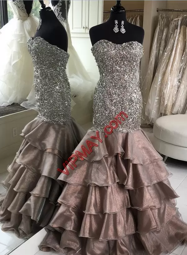 Shining Grey Lace Up Sweetheart Beading and Ruffled Layers Prom Evening Gown Sleeveless