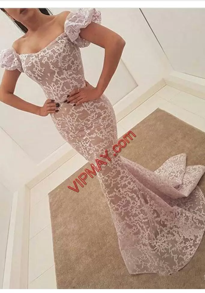 Floor Length Mermaid Short Sleeves Champagne Prom Gown