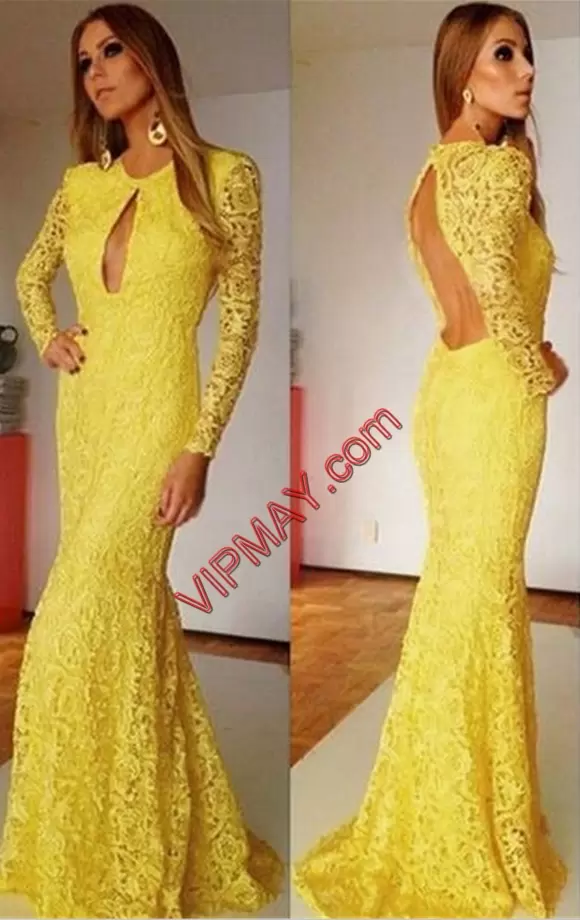 Sumptuous Lace Scoop Long Sleeves Sweep Train Backless Lace Homecoming Gowns in Yellow