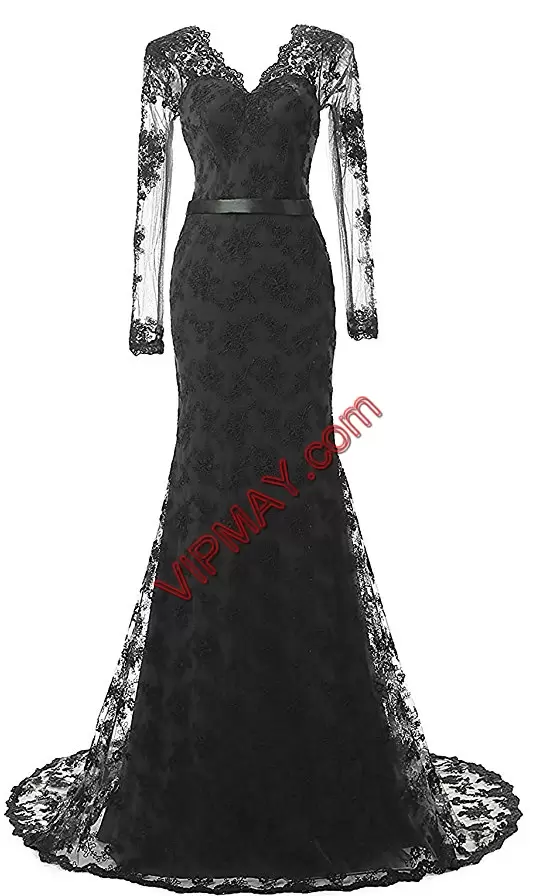 Clearance V-neck Long Sleeves Evening Wear Floor Length Sweep Train Appliques Black Lace