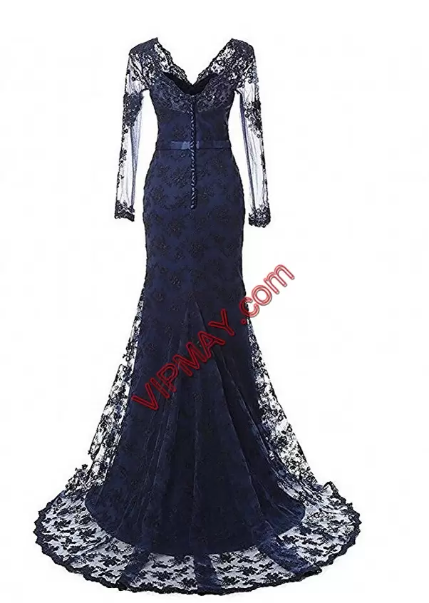 Clearance V-neck Long Sleeves Evening Wear Floor Length Sweep Train Appliques Black Lace