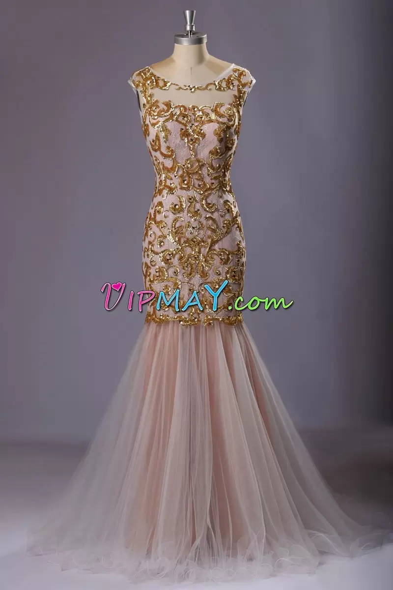 Gold Organza Lace Up Sweetheart Sleeveless Floor Length Sweep Train Beading and Lace