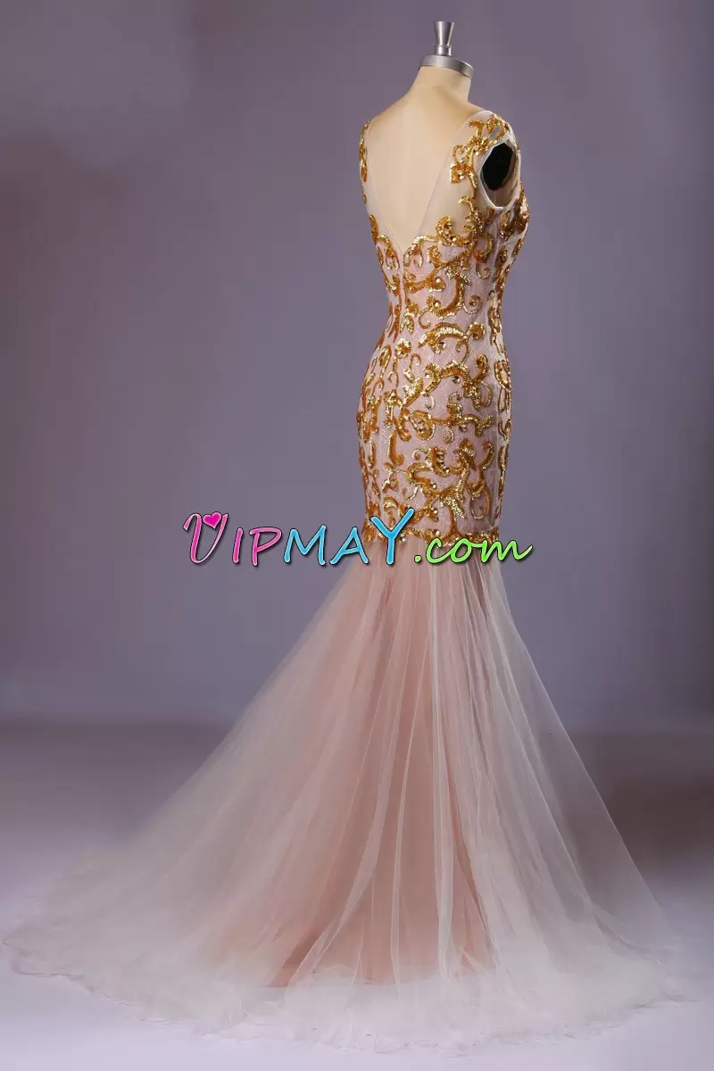 Gold Organza Lace Up Sweetheart Sleeveless Floor Length Sweep Train Beading and Lace