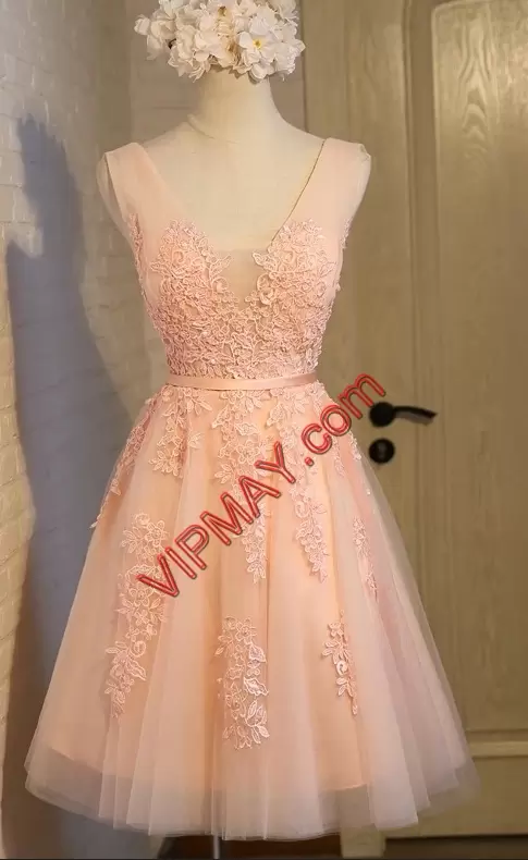 V-neck Sleeveless Backless Evening Dress Peach Tulle Lace and Appliques