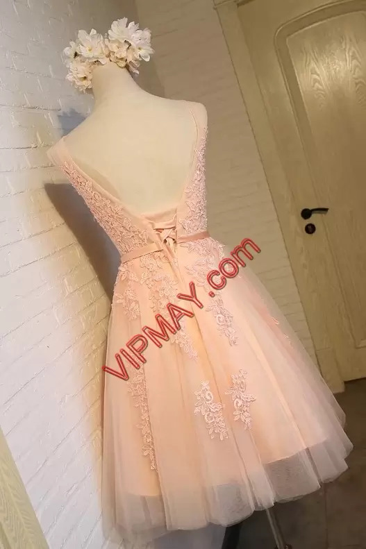 V-neck Sleeveless Backless Evening Dress Peach Tulle Lace and Appliques