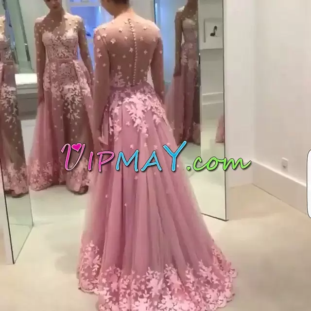 Luxury Scoop Long Sleeves Prom Evening Gown Brush Train Appliques Pink Tulle