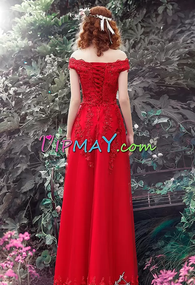 On Sale Red Empire Beading and Lace Homecoming Gowns Lace Up Satin and Tulle Sleeveless Floor Length