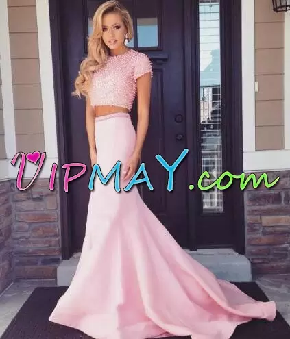 Gorgeous Pink Short Sleeves Beading Lace Up Scoop Prom Dress