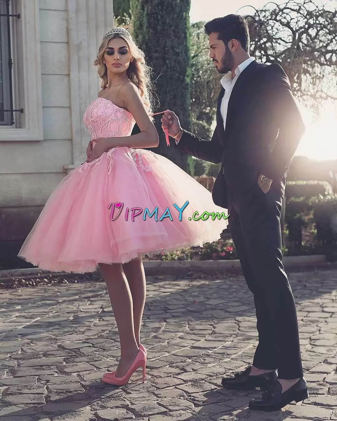 Chic Rose Pink Tulle Lace Up Sweetheart Sleeveless Mini Length Prom Dress Beading