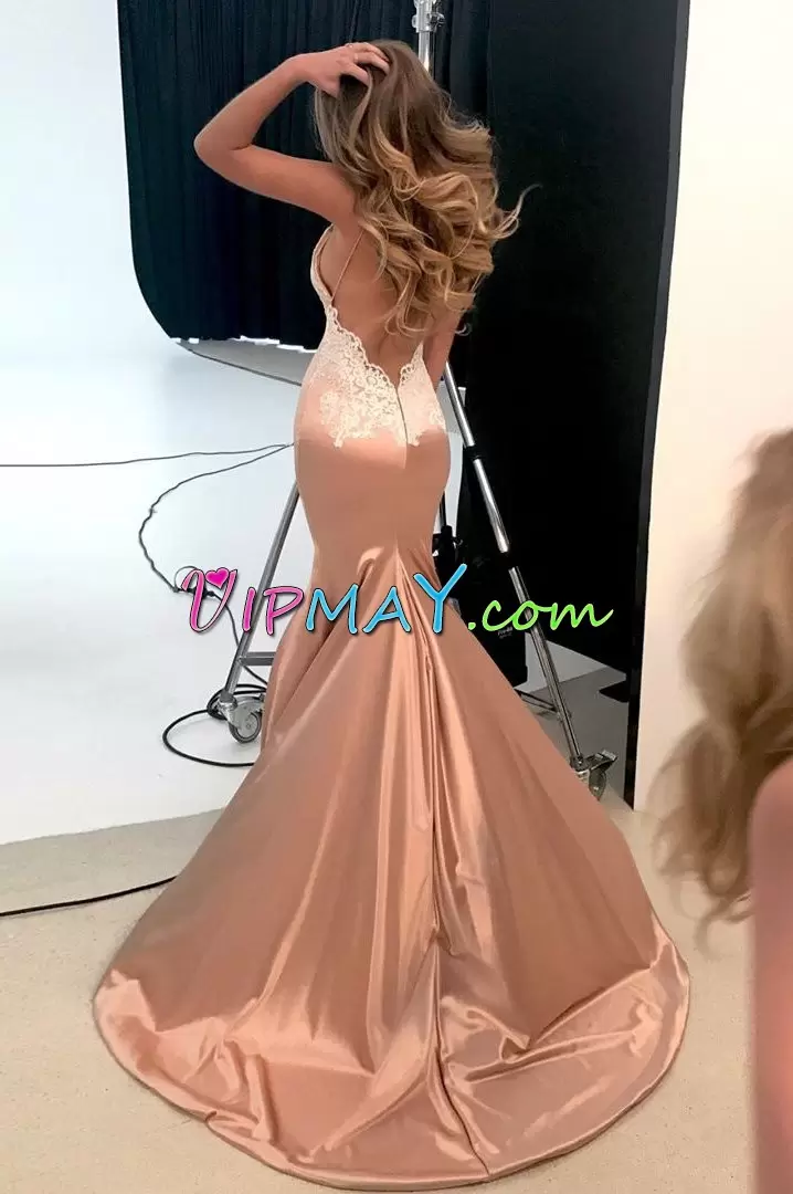 Fabulous Champagne Satin Backless Evening Dress Sleeveless With Train Sweep Train Lace