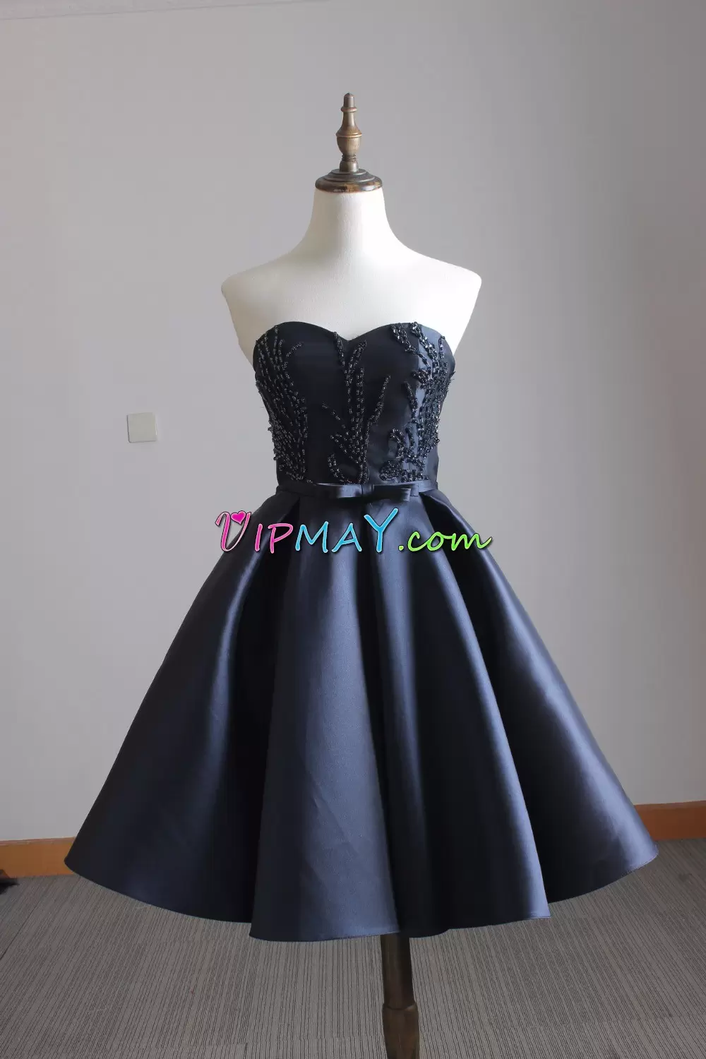 Navy Blue Satin Evening Dress Sleeveless Mini Length Beading