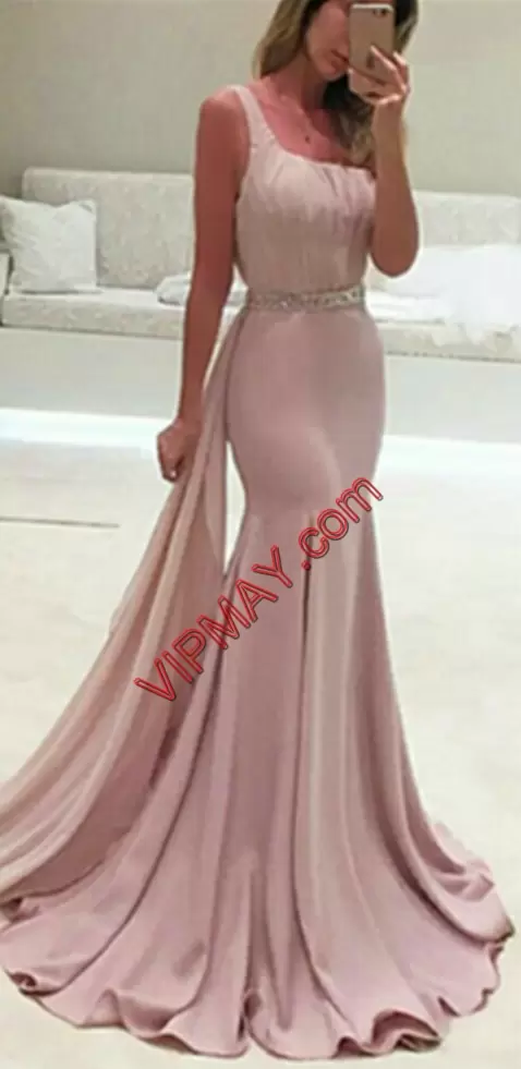 Latest Grey Mermaid One Shoulder Sleeveless Satin Floor Length Lace Up Beading and Lace Homecoming Dress