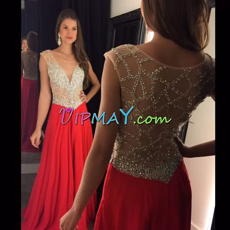 Unique Red Deep V Neck Beaded Bodice See Throuh Homecoming Gowns with Cap Sleeves Side Zipper