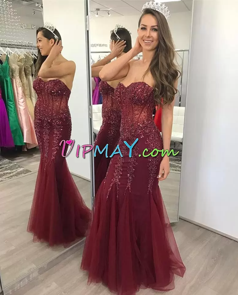 Burgundy Sweetheart Lace Up Beading Homecoming Dress Sleeveless