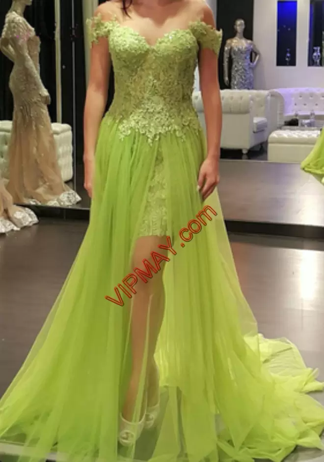 Sweep Train A-line Prom Dress Green Sweetheart Satin and Organza and Tulle Sleeveless Floor Length Lace Up