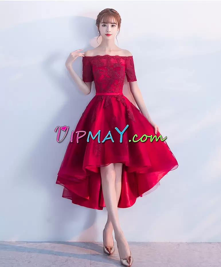 Red Prom Party Dress Prom and Party and Military Ball with Lace and Appliques Off The Shoulder Sleeveless