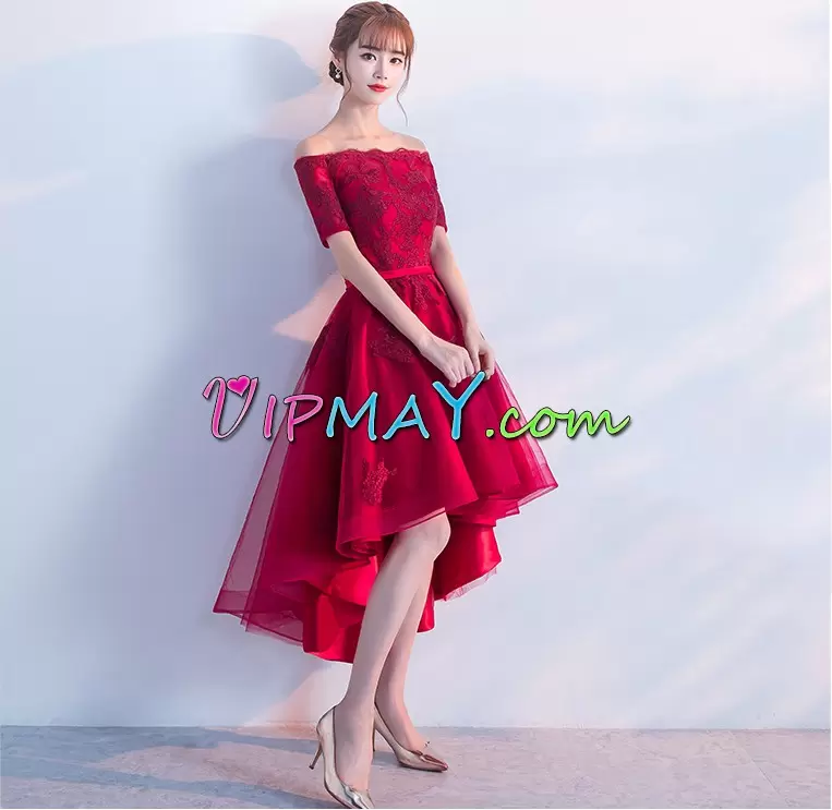 Red Prom Party Dress Prom and Party and Military Ball with Lace and Appliques Off The Shoulder Sleeveless