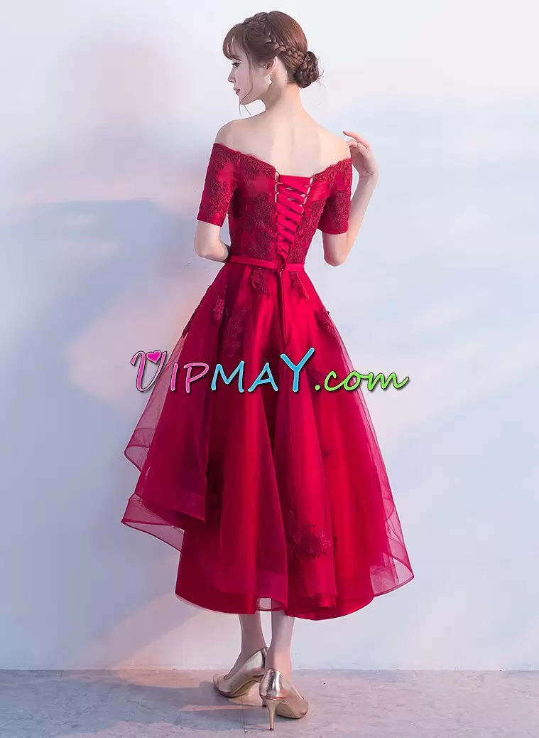 Red Prom Party Dress Prom and Party and Military Ball with Lace and Appliques Off The Shoulder Sleeveless