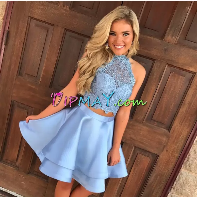 Halter Top Sleeveless Mini Length Lace Blue Satin