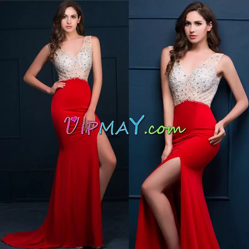 Eye-catching Red Chiffon Backless Sleeveless Sweep Train Beading