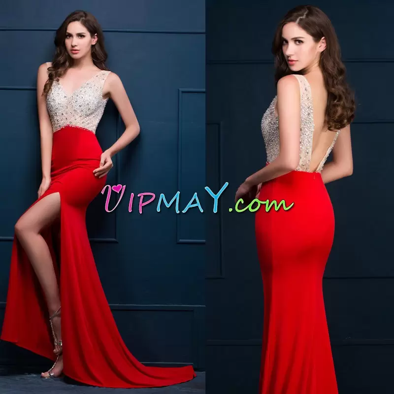 Eye-catching Red Chiffon Backless Sleeveless Sweep Train Beading