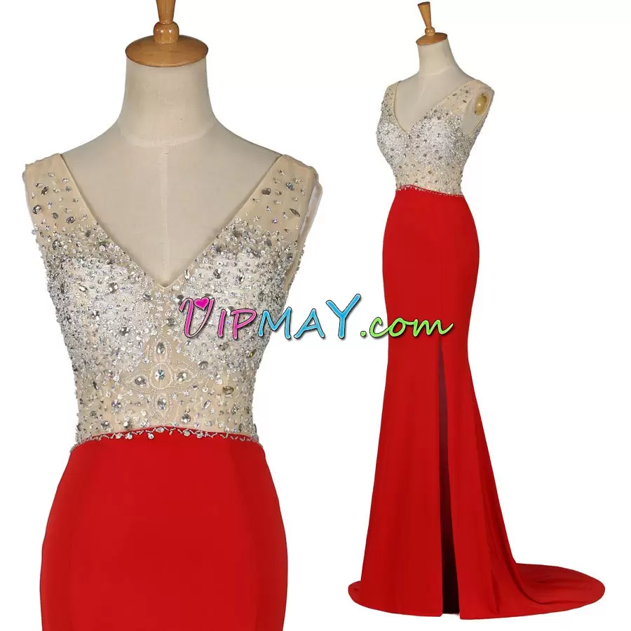 Eye-catching Red Chiffon Backless Sleeveless Sweep Train Beading